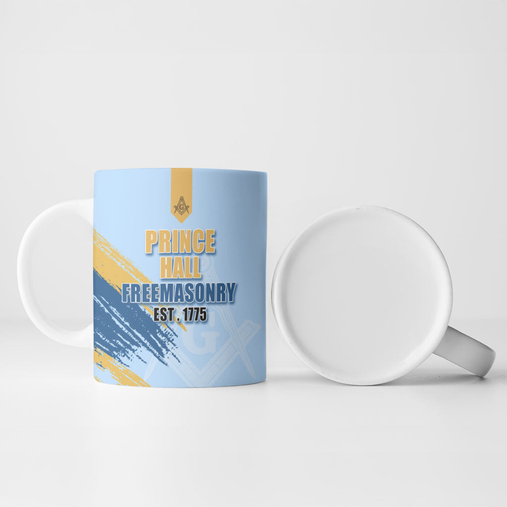Prince Hall Freemasonry Ceramic Mug Vintage Brush Stroke Masonic Blue Gold Graphic