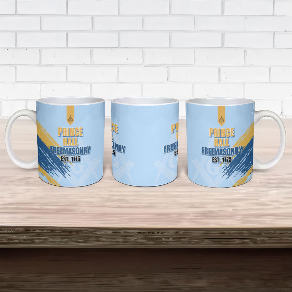 Prince Hall Freemasonry Ceramic Mug Vintage Brush Stroke Masonic Blue Gold Graphic