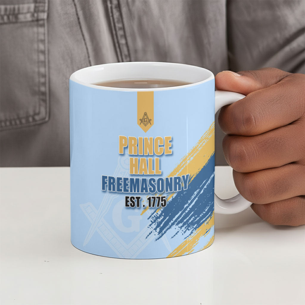 Prince Hall Freemasonry Ceramic Mug Vintage Brush Stroke Masonic Blue Gold Graphic