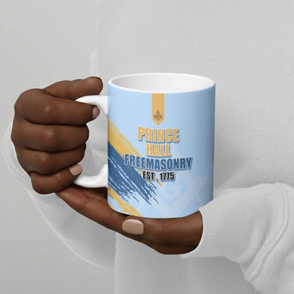 Prince Hall Freemasonry Ceramic Mug Vintage Brush Stroke Masonic Blue Gold Graphic