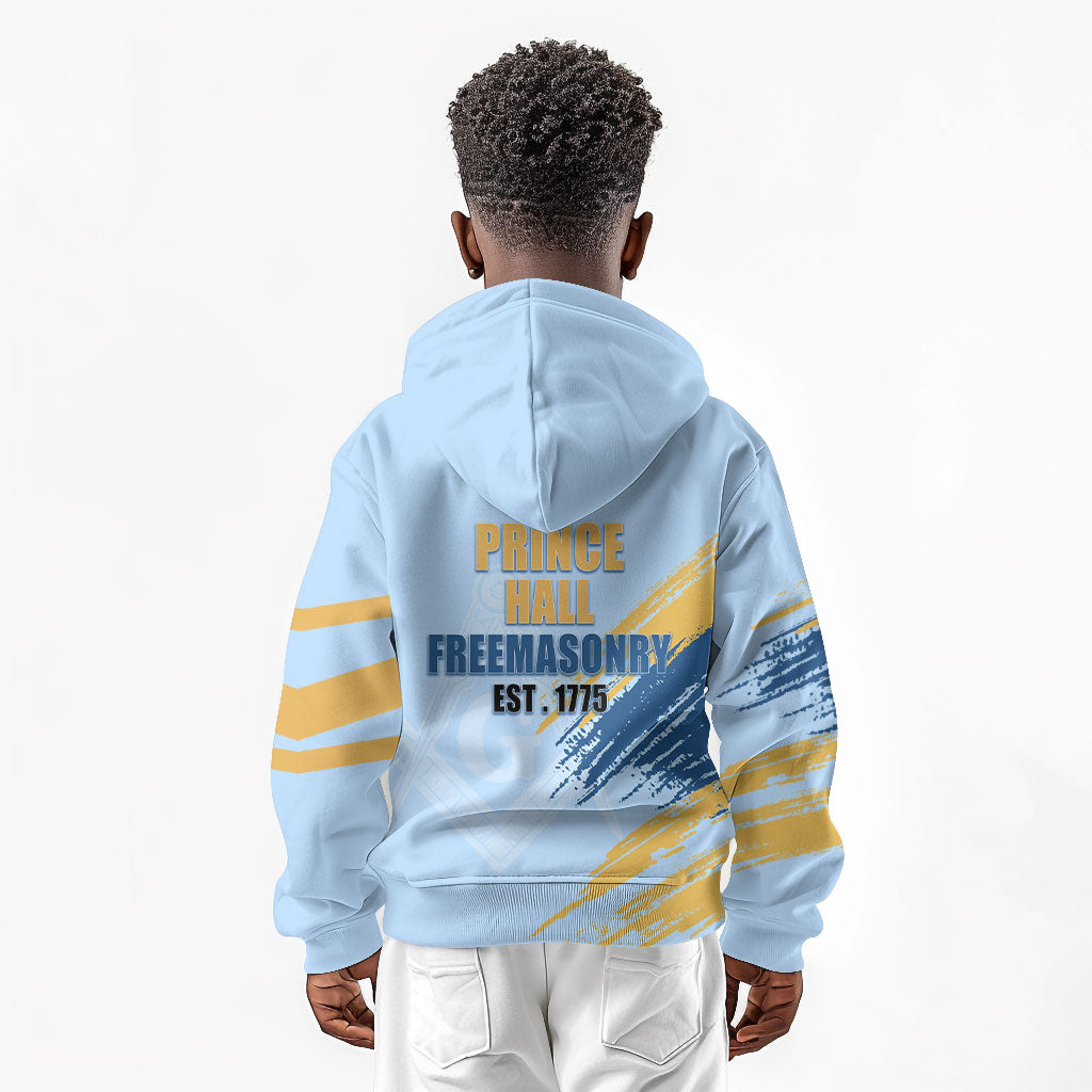 Prince Hall Freemasonry Kid Hoodie Vintage Brush Stroke Masonic Blue Gold Graphic