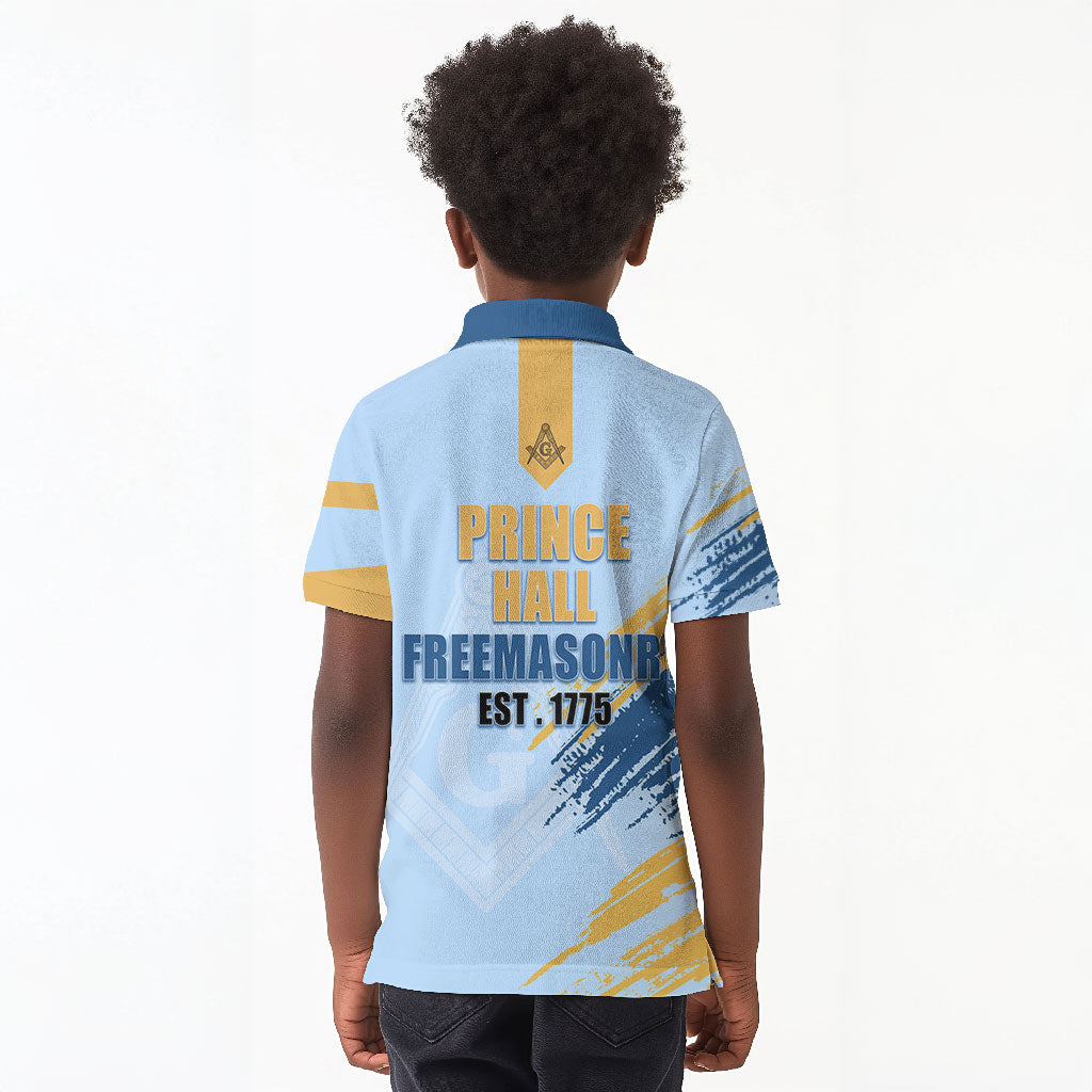 Prince Hall Freemasonry Kid Polo Shirt Vintage Brush Stroke Masonic Blue Gold Graphic