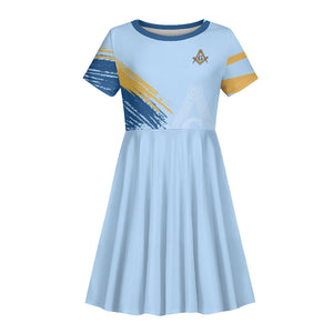 Prince Hall Freemasonry Kid Short Sleeve Dress Vintage Brush Stroke Masonic Blue Gold Graphic