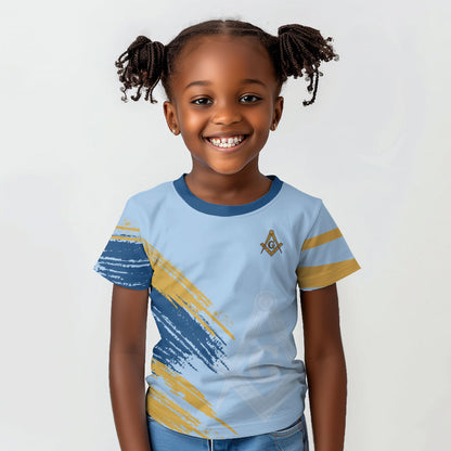 Prince Hall Freemasonry Kid T shirt Vintage Brush Stroke Masonic Blue Gold Graphic