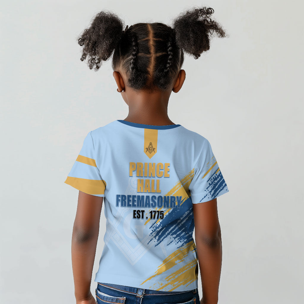 Prince Hall Freemasonry Kid T shirt Vintage Brush Stroke Masonic Blue Gold Graphic