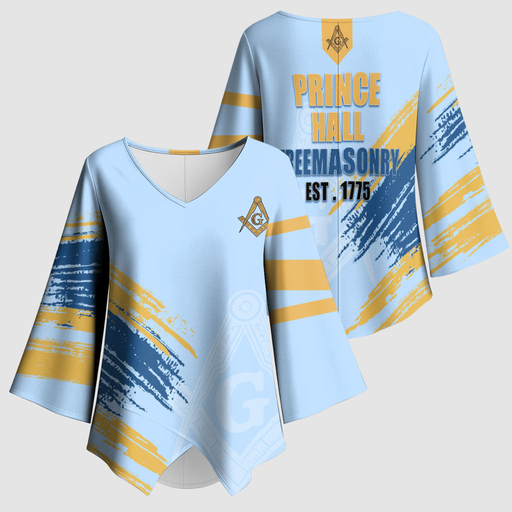 Prince Hall Freemasonry Kimono Sleeve Blouse Vintage Brush Stroke Masonic Blue Gold Graphic