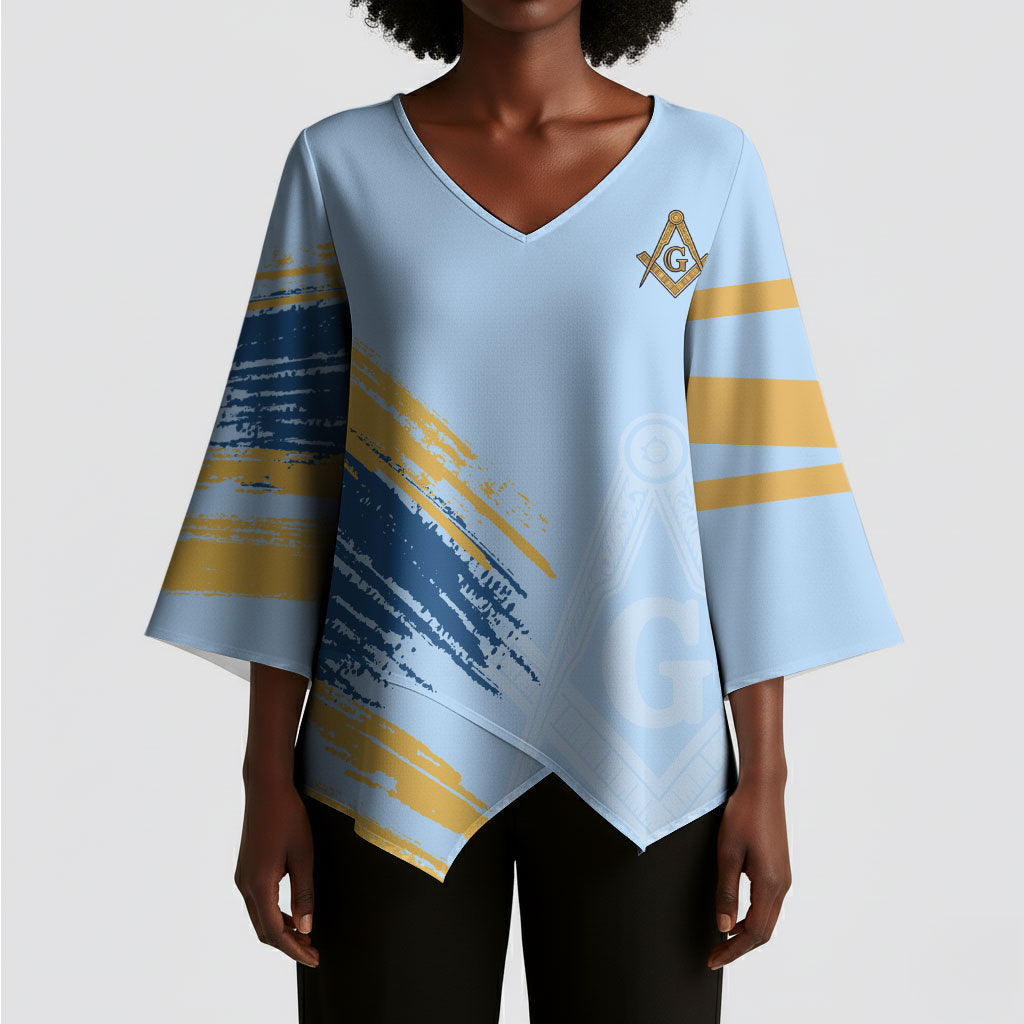 Prince Hall Freemasonry Kimono Sleeve Blouse Vintage Brush Stroke Masonic Blue Gold Graphic