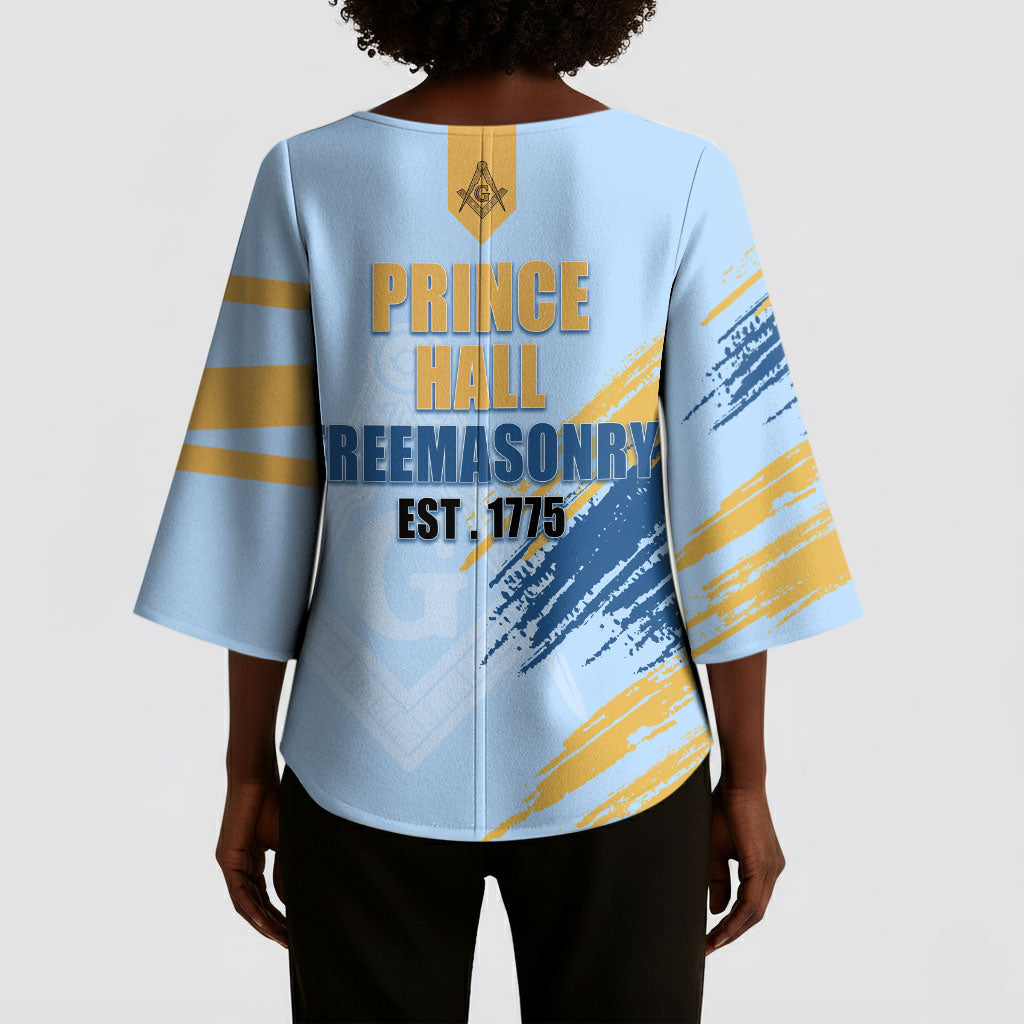 Prince Hall Freemasonry Kimono Sleeve Blouse Vintage Brush Stroke Masonic Blue Gold Graphic