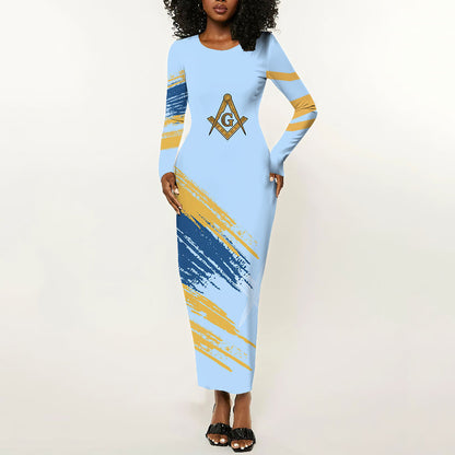 Prince Hall Freemasonry Long Sleeve Bodycon Dress Vintage Brush Stroke Masonic Blue Gold Graphic