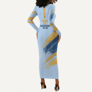 Prince Hall Freemasonry Long Sleeve Bodycon Dress Vintage Brush Stroke Masonic Blue Gold Graphic