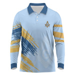 Prince Hall Freemasonry Long Sleeve Polo Shirt Vintage Brush Stroke Masonic Blue Gold Graphic