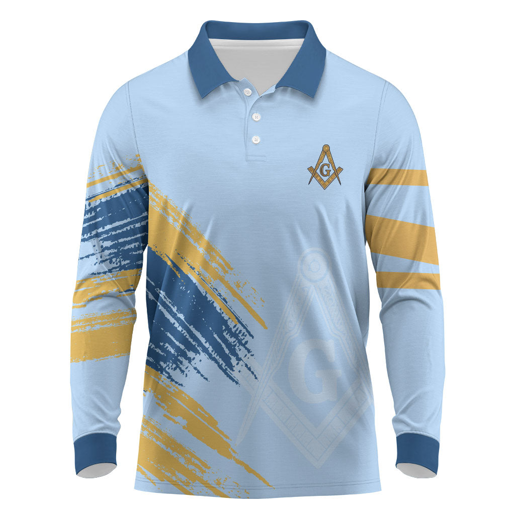 Prince Hall Freemasonry Long Sleeve Polo Shirt Vintage Brush Stroke Masonic Blue Gold Graphic