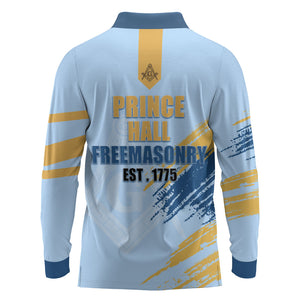 Prince Hall Freemasonry Long Sleeve Polo Shirt Vintage Brush Stroke Masonic Blue Gold Graphic