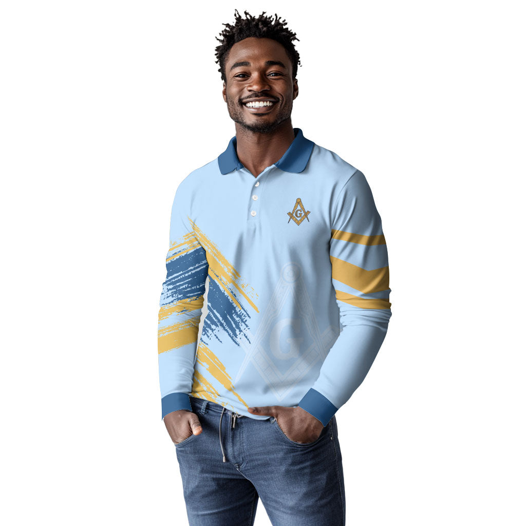 Prince Hall Freemasonry Long Sleeve Polo Shirt Vintage Brush Stroke Masonic Blue Gold Graphic