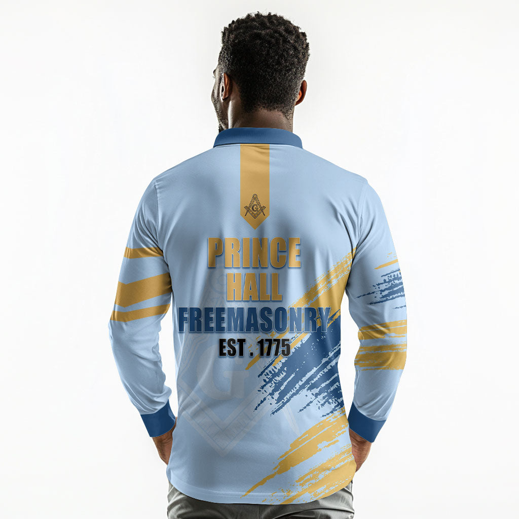 Prince Hall Freemasonry Long Sleeve Polo Shirt Vintage Brush Stroke Masonic Blue Gold Graphic