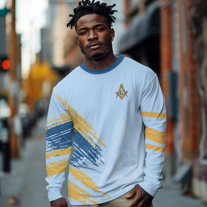 Prince Hall Freemasonry Long Sleeve Shirt Vintage Brush Stroke Masonic Blue Gold Graphic