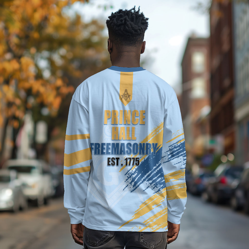 Prince Hall Freemasonry Long Sleeve Shirt Vintage Brush Stroke Masonic Blue Gold Graphic