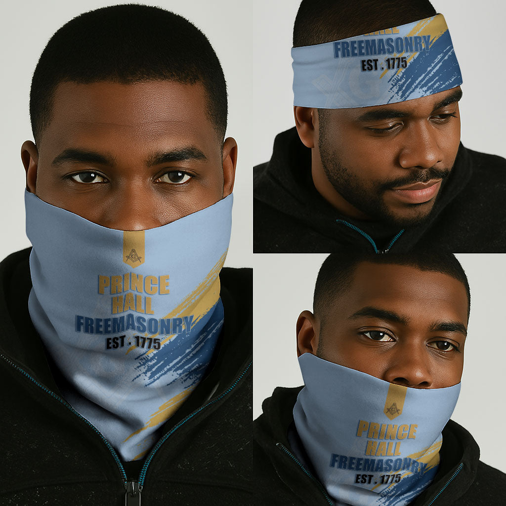 Prince Hall Freemasonry Neck Gaiter Vintage Brush Stroke Masonic Blue Gold Graphic