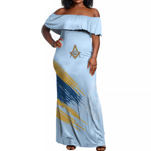 Prince Hall Freemasonry Off Shoulder Maxi Dress Vintage Brush Stroke Masonic Blue Gold Graphic
