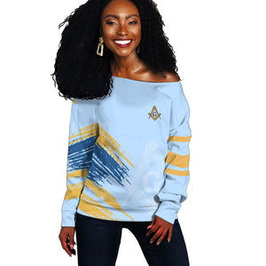 Prince Hall Freemasonry Off Shoulder Sweater Vintage Brush Stroke Masonic Blue Gold Graphic
