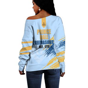 Prince Hall Freemasonry Off Shoulder Sweater Vintage Brush Stroke Masonic Blue Gold Graphic