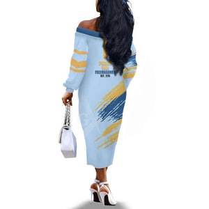 Prince Hall Freemasonry Off The Shoulder Long Sleeve Dress Vintage Brush Stroke Masonic Blue Gold Graphic