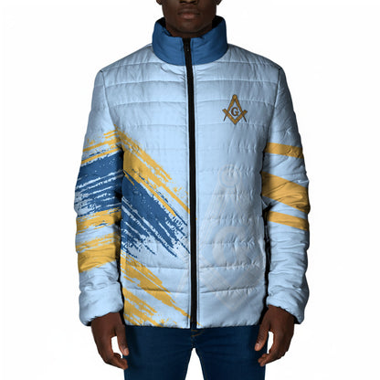 Prince Hall Freemasonry Padded Jacket Vintage Brush Stroke Masonic Blue Gold Graphic