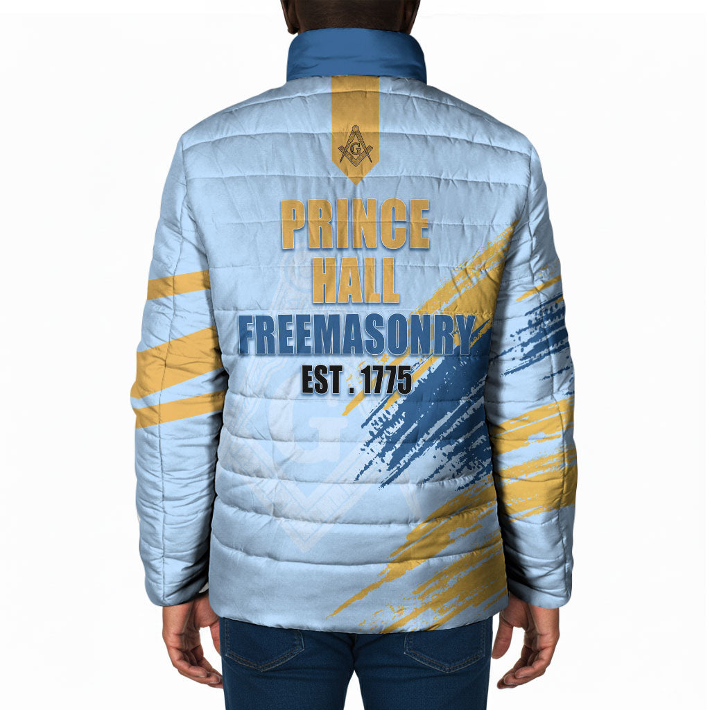 Prince Hall Freemasonry Padded Jacket Vintage Brush Stroke Masonic Blue Gold Graphic