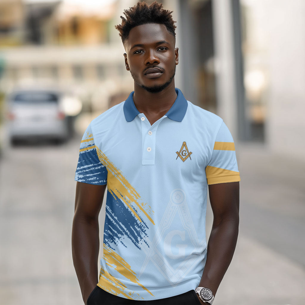 Prince Hall Freemasonry Polo Shirt Vintage Brush Stroke Masonic Blue Gold Graphic