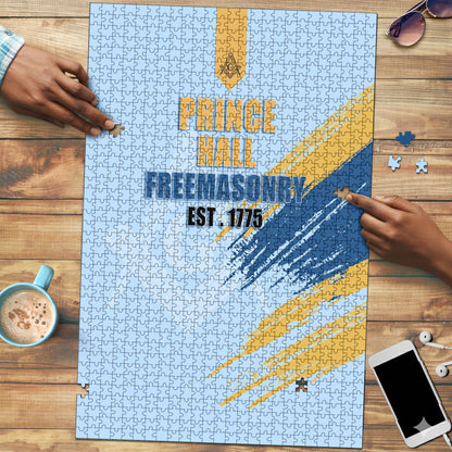 Prince Hall Freemasonry Puzzle Vintage Brush Stroke Masonic Blue Gold Graphic