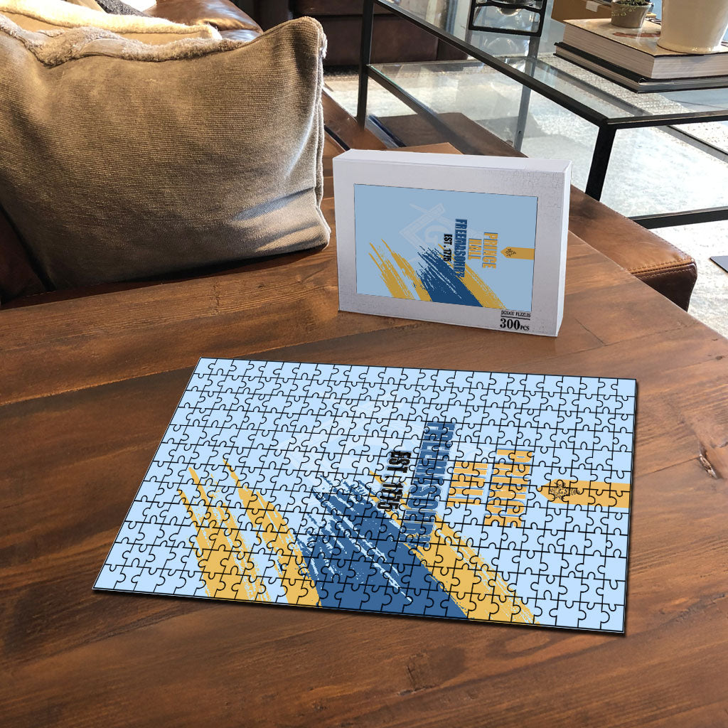 Prince Hall Freemasonry Puzzle Vintage Brush Stroke Masonic Blue Gold Graphic
