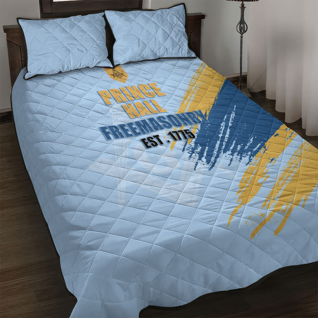 Prince Hall Freemasonry Quilt Bed Set Vintage Brush Stroke Masonic Blue Gold Graphic