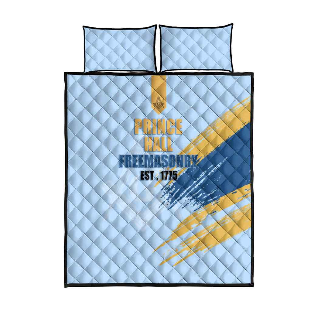 Prince Hall Freemasonry Quilt Bed Set Vintage Brush Stroke Masonic Blue Gold Graphic