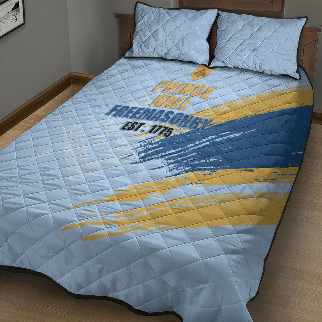 Prince Hall Freemasonry Quilt Bed Set Vintage Brush Stroke Masonic Blue Gold Graphic