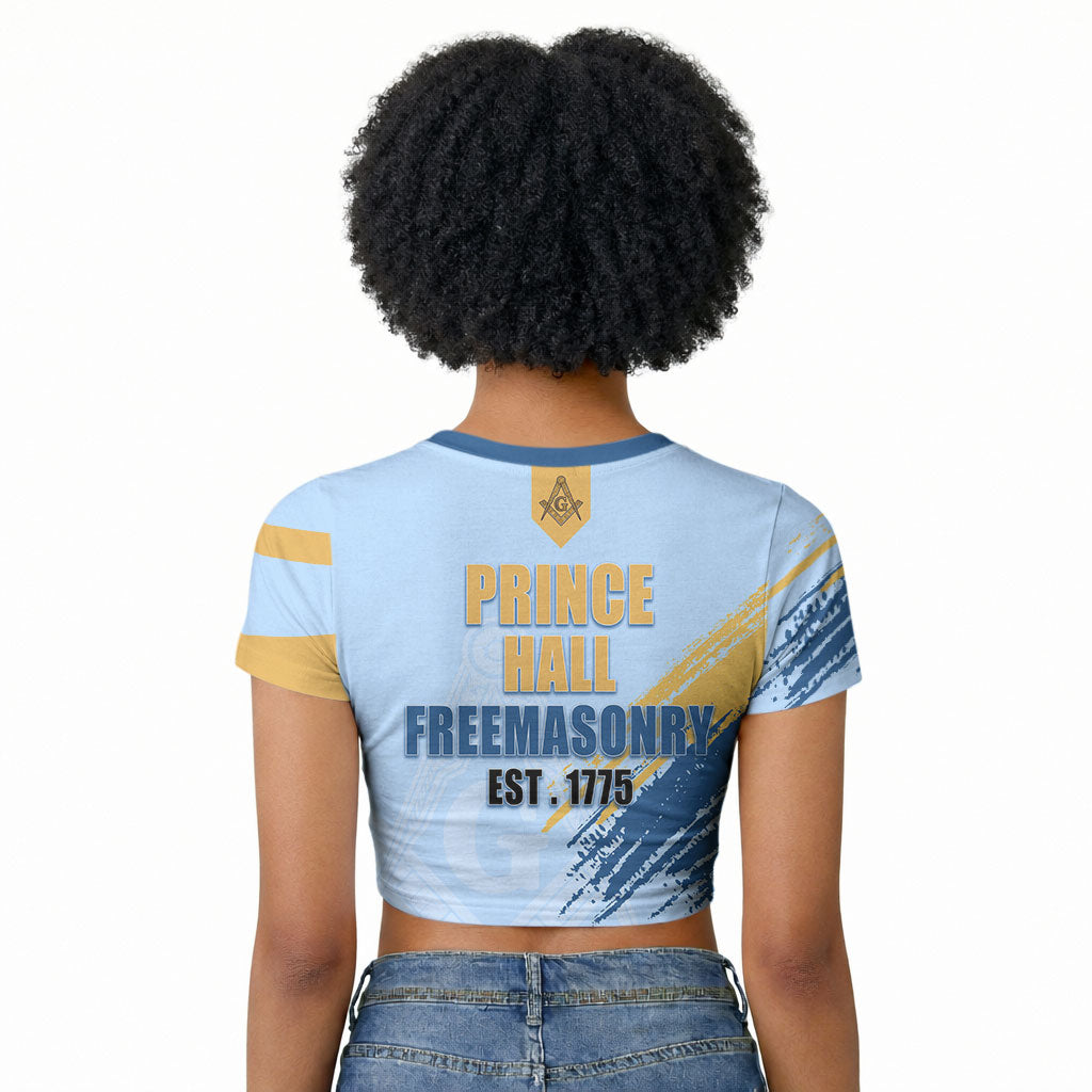 Prince Hall Freemasonry Raglan Cropped T shirt Vintage Brush Stroke Masonic Blue Gold Graphic