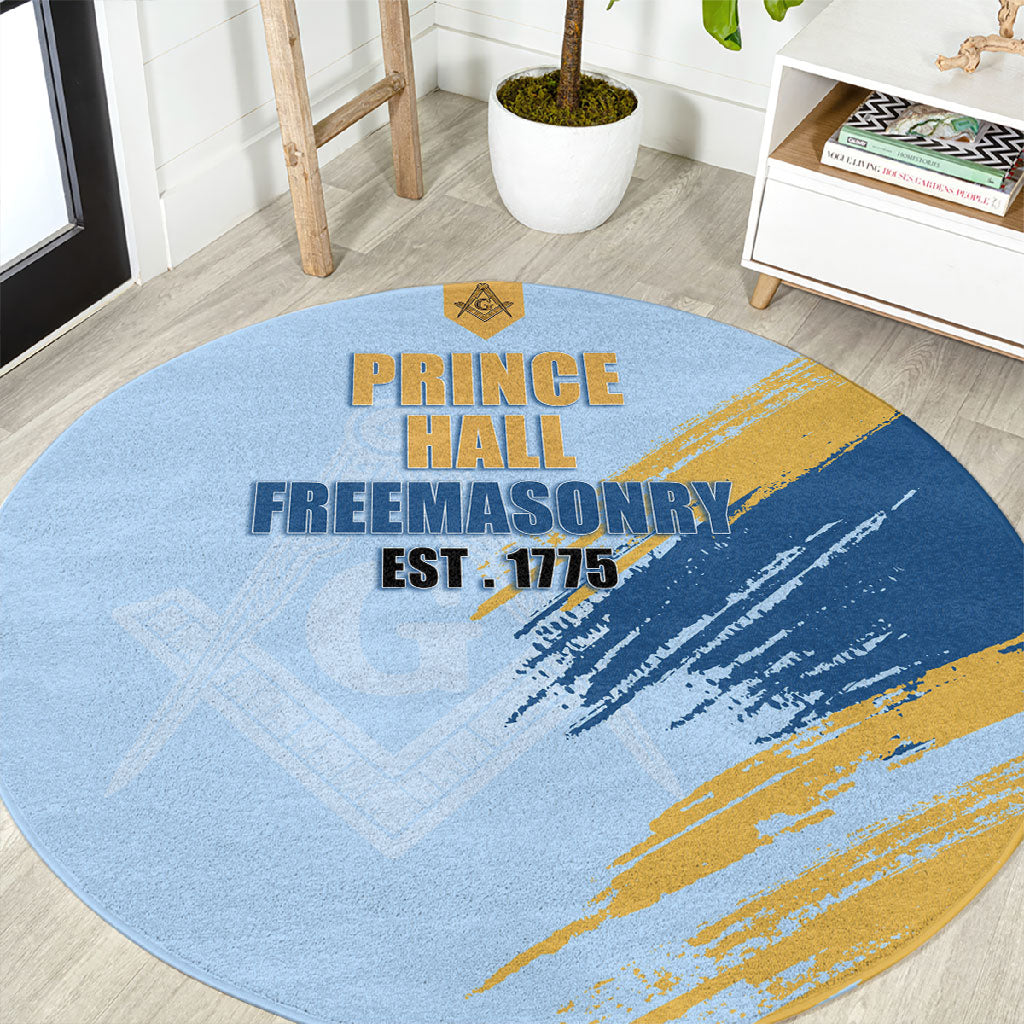 Prince Hall Freemasonry Round Carpet Vintage Brush Stroke Masonic Blue Gold Graphic
