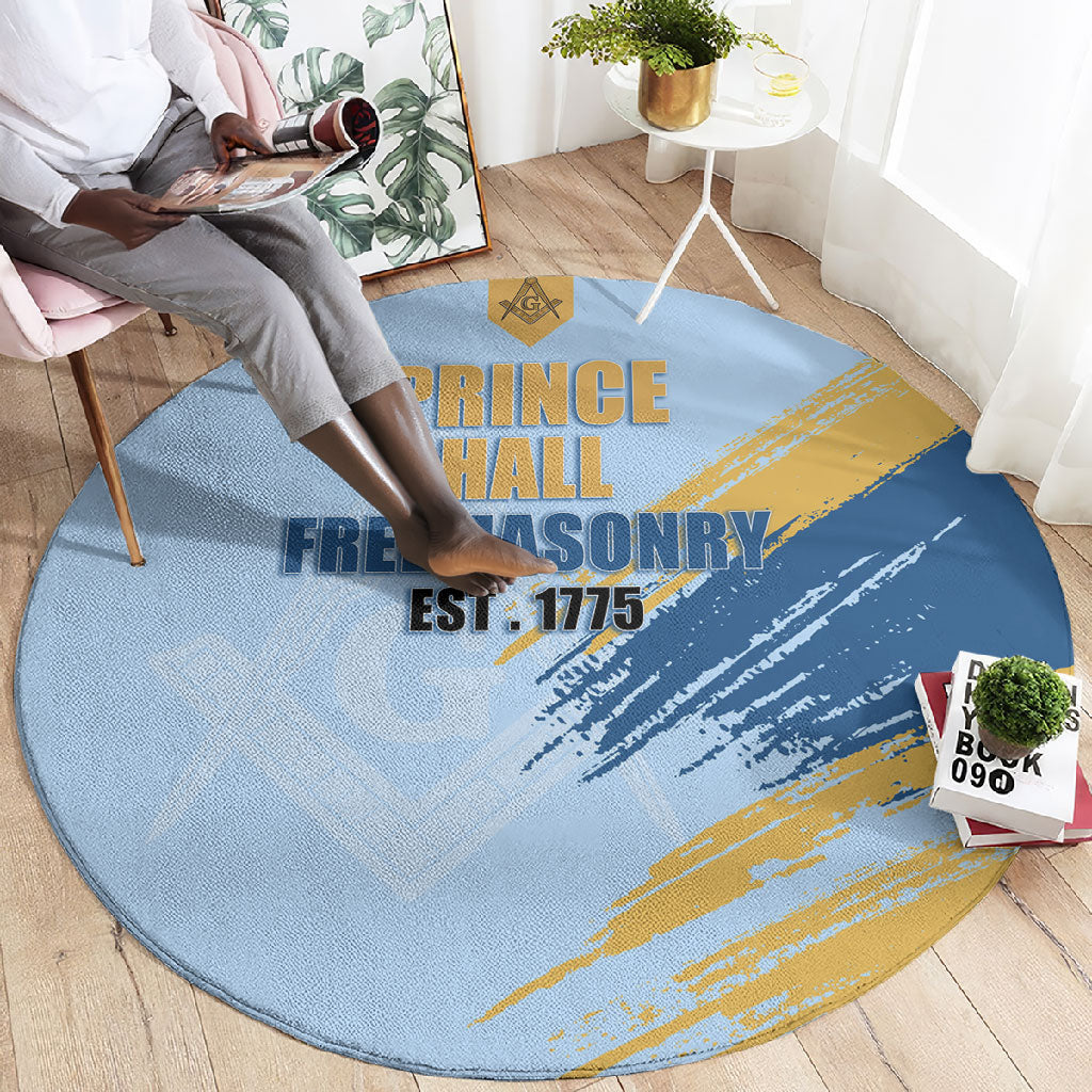 Prince Hall Freemasonry Round Carpet Vintage Brush Stroke Masonic Blue Gold Graphic