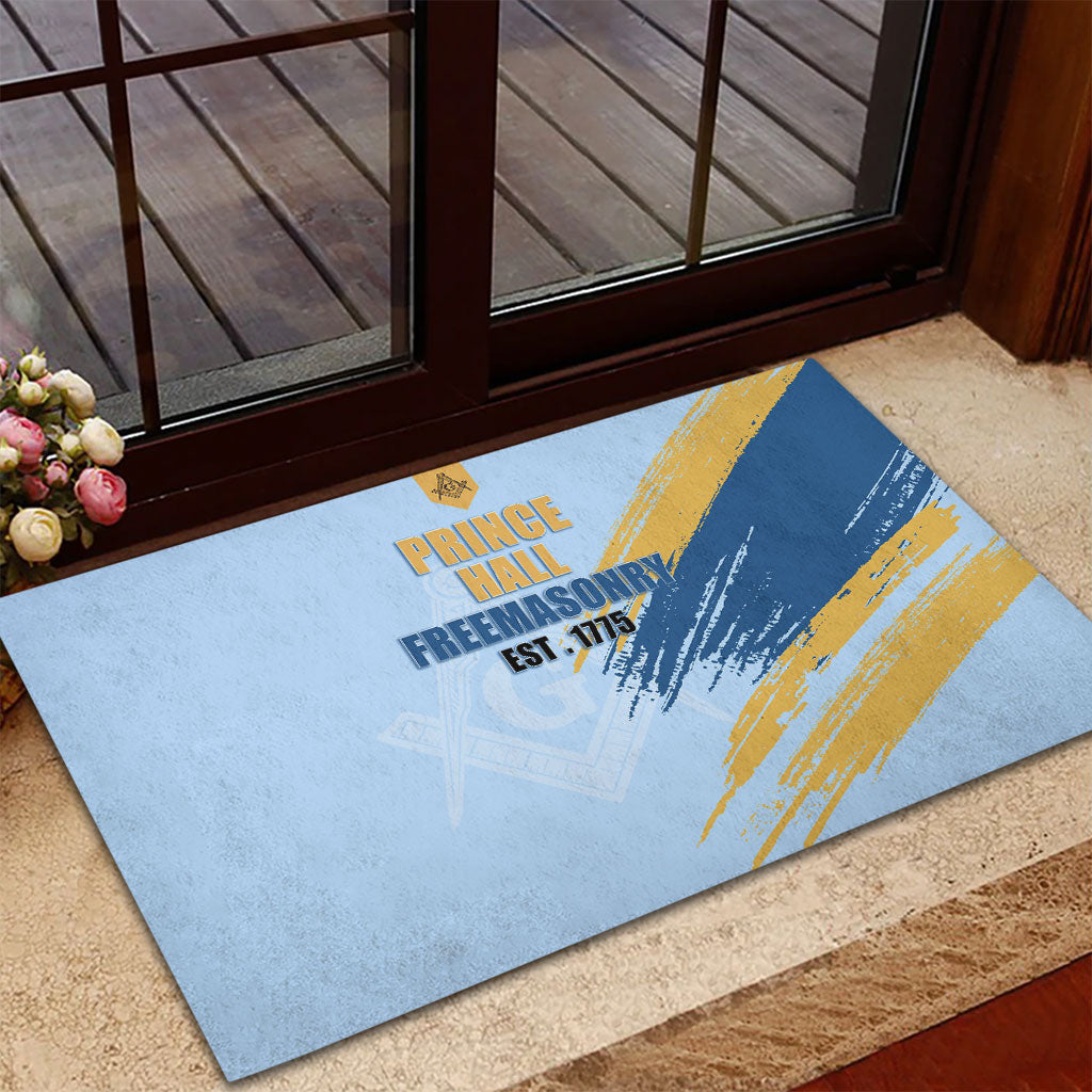 Prince Hall Freemasonry Rubber Doormat Vintage Brush Stroke Masonic Blue Gold Graphic