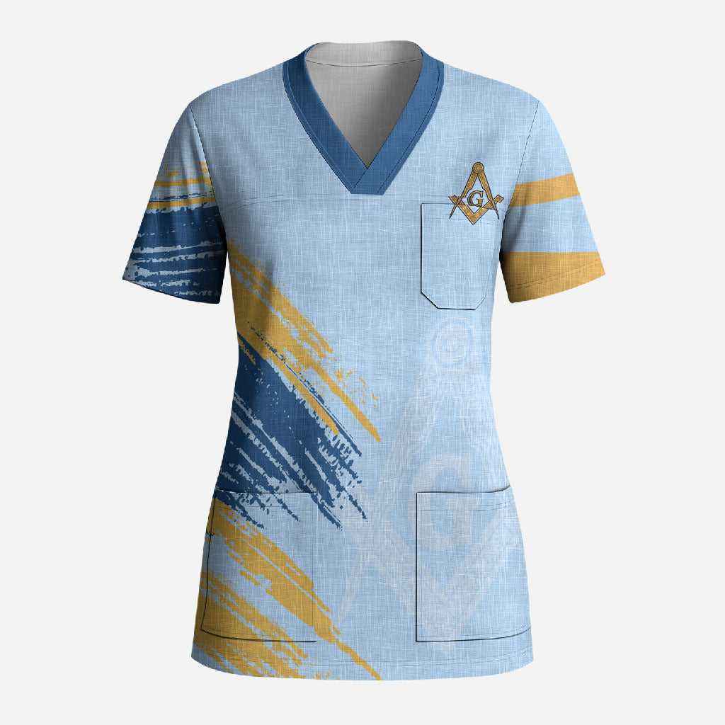 Prince Hall Freemasonry Scrub Top Vintage Brush Stroke Masonic Blue Gold Graphic