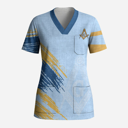 Prince Hall Freemasonry Scrub Top Vintage Brush Stroke Masonic Blue Gold Graphic