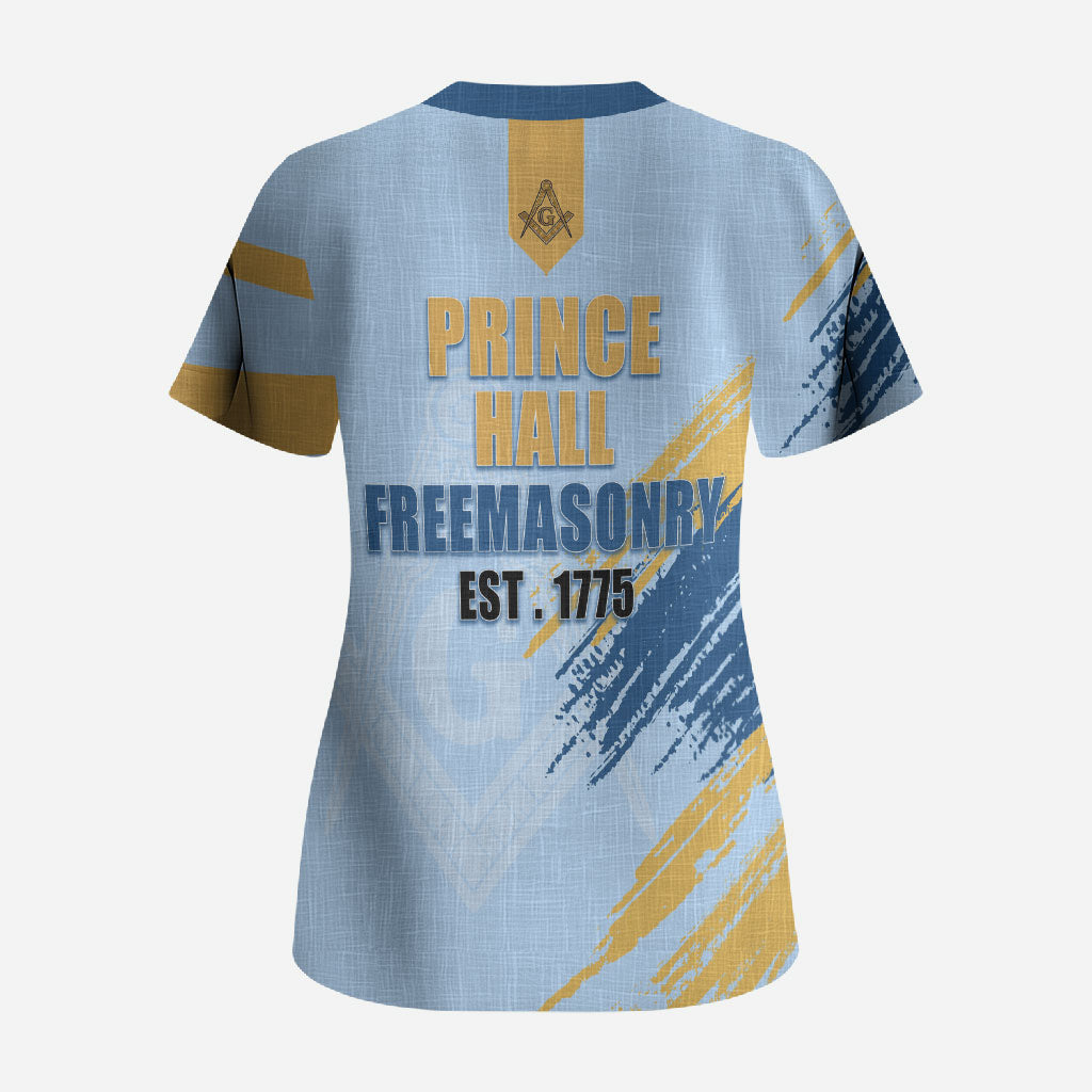 Prince Hall Freemasonry Scrub Top Vintage Brush Stroke Masonic Blue Gold Graphic