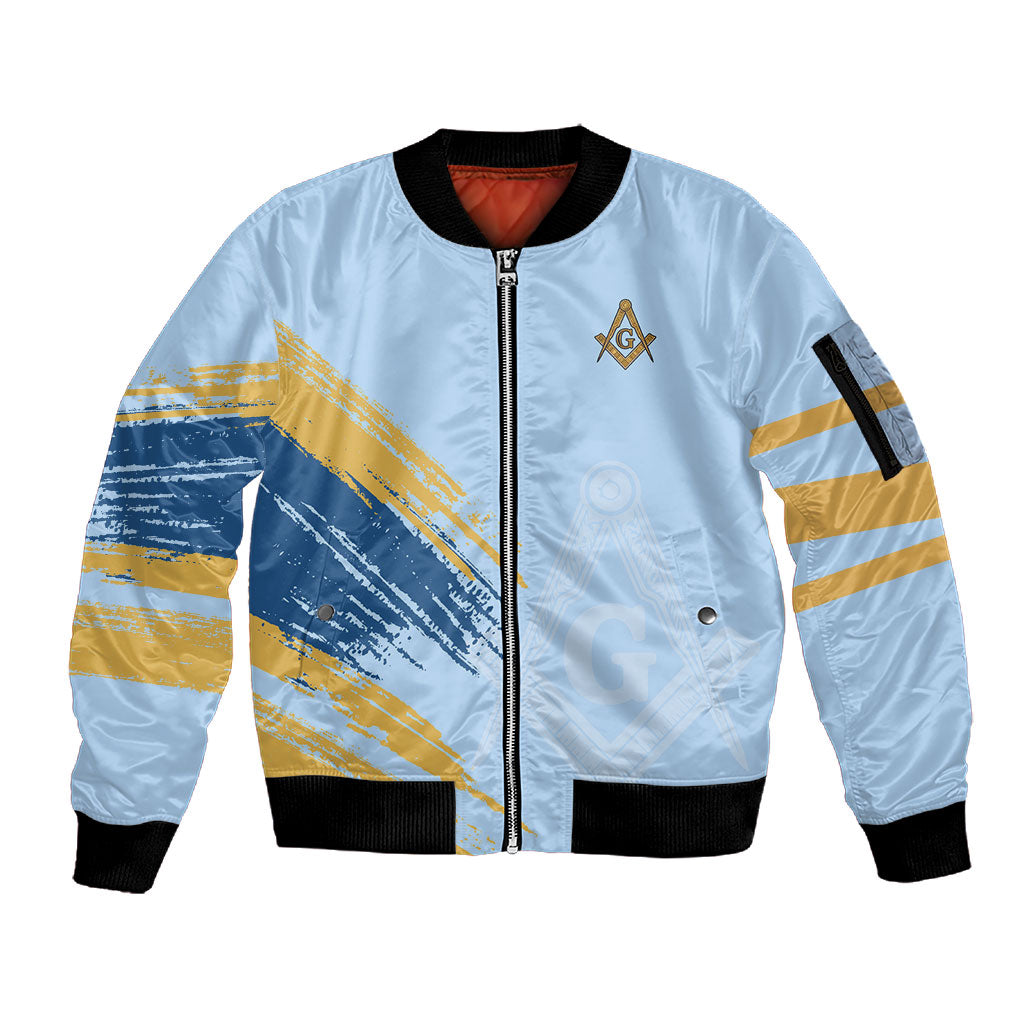 Prince Hall Freemasonry Sleeve Zip Bomber Jacket Vintage Brush Stroke Masonic Blue Gold Graphic