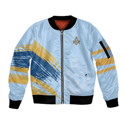 Prince Hall Freemasonry Sleeve Zip Bomber Jacket Vintage Brush Stroke Masonic Blue Gold Graphic