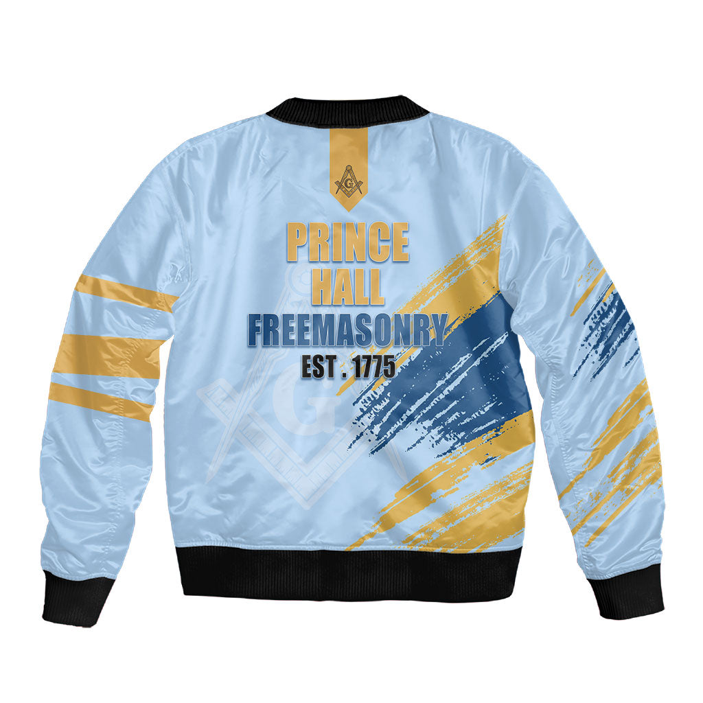 Prince Hall Freemasonry Sleeve Zip Bomber Jacket Vintage Brush Stroke Masonic Blue Gold Graphic