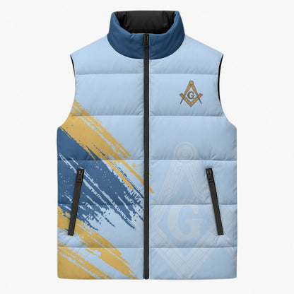 Prince Hall Freemasonry Sleeveless Puffer Jacket Vintage Brush Stroke Masonic Blue Gold Graphic