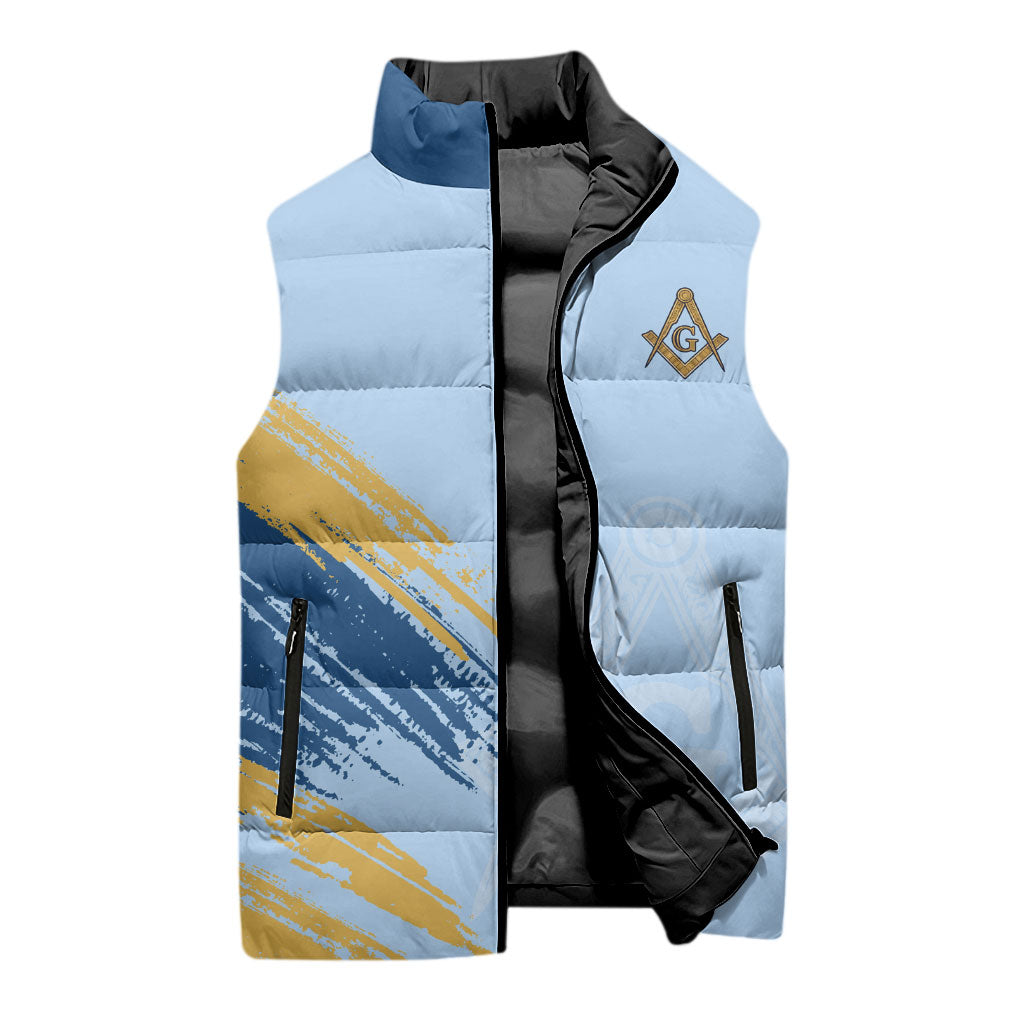 Prince Hall Freemasonry Sleeveless Puffer Jacket Vintage Brush Stroke Masonic Blue Gold Graphic