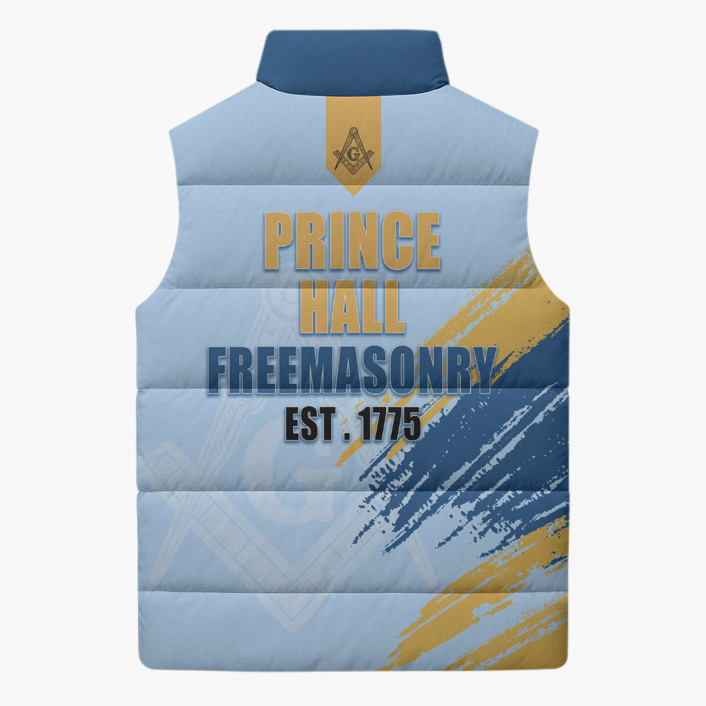 Prince Hall Freemasonry Sleeveless Puffer Jacket Vintage Brush Stroke Masonic Blue Gold Graphic