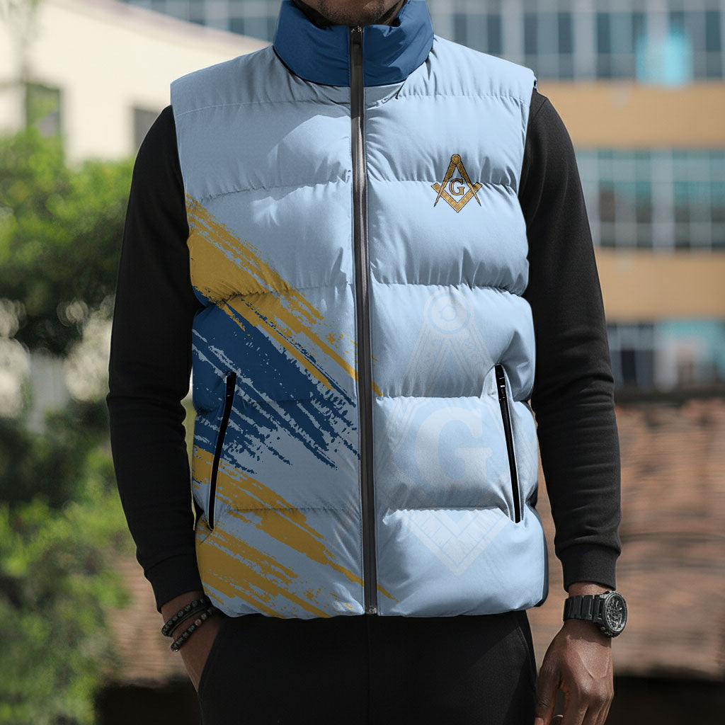 Prince Hall Freemasonry Sleeveless Puffer Jacket Vintage Brush Stroke Masonic Blue Gold Graphic
