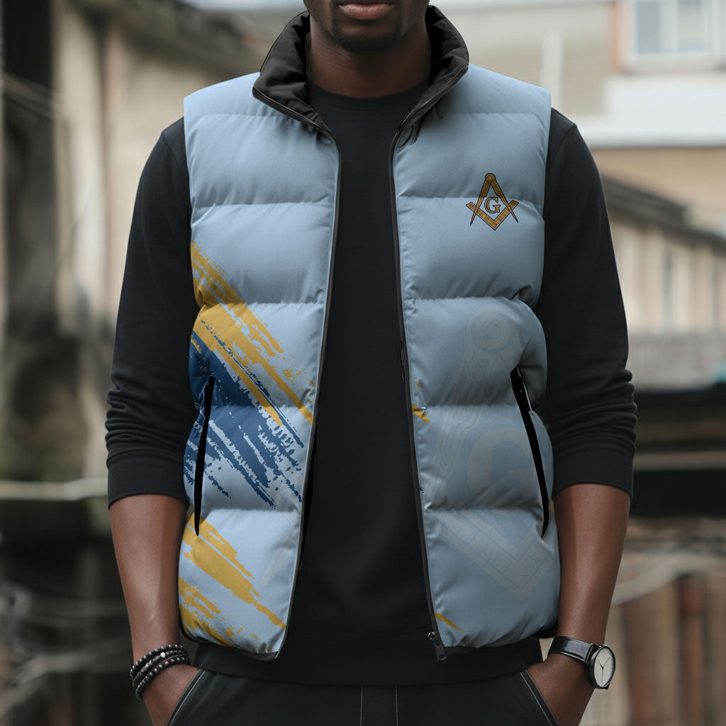 Prince Hall Freemasonry Sleeveless Puffer Jacket Vintage Brush Stroke Masonic Blue Gold Graphic