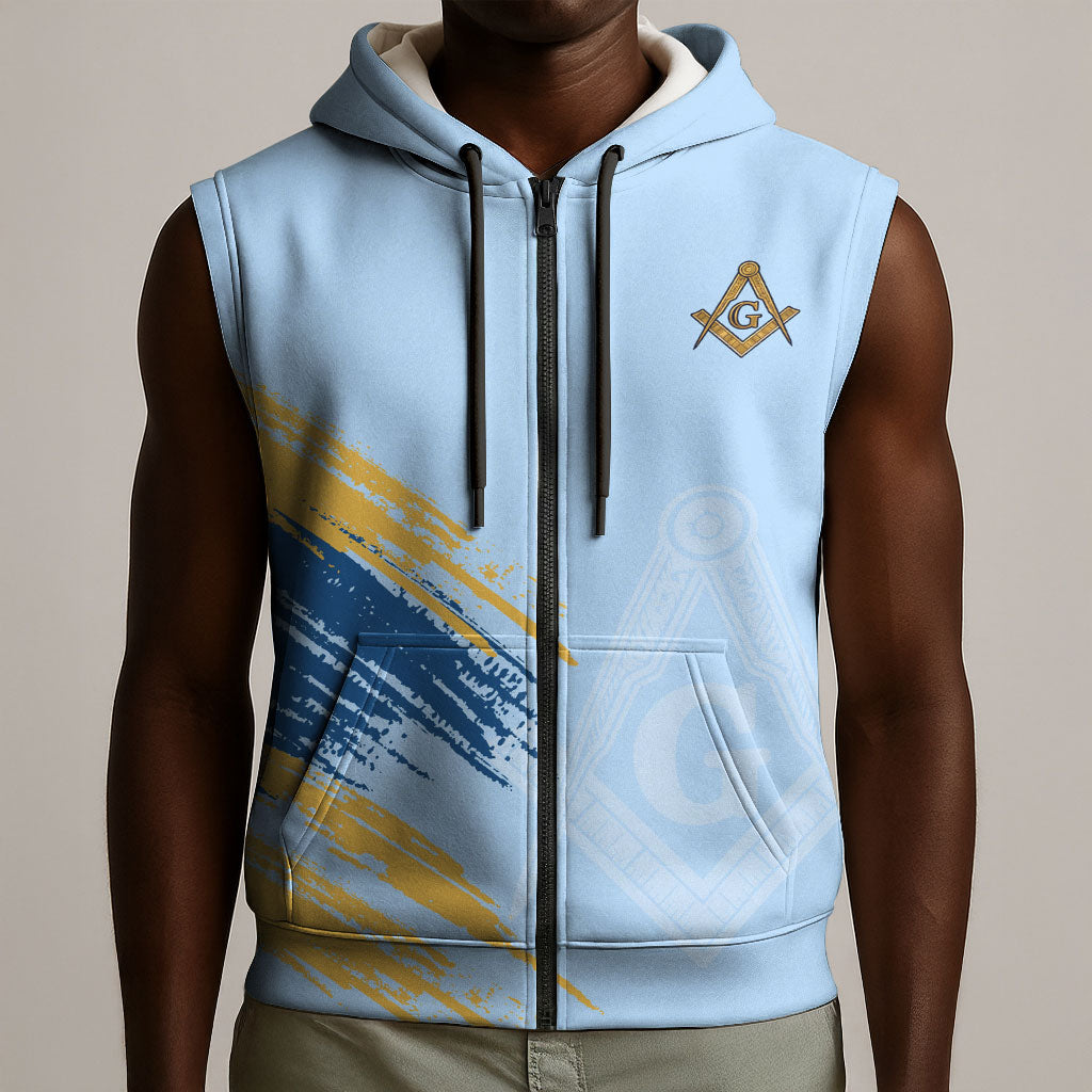Prince Hall Freemasonry Sleeveless Zip Hoodie Vintage Brush Stroke Masonic Blue Gold Graphic